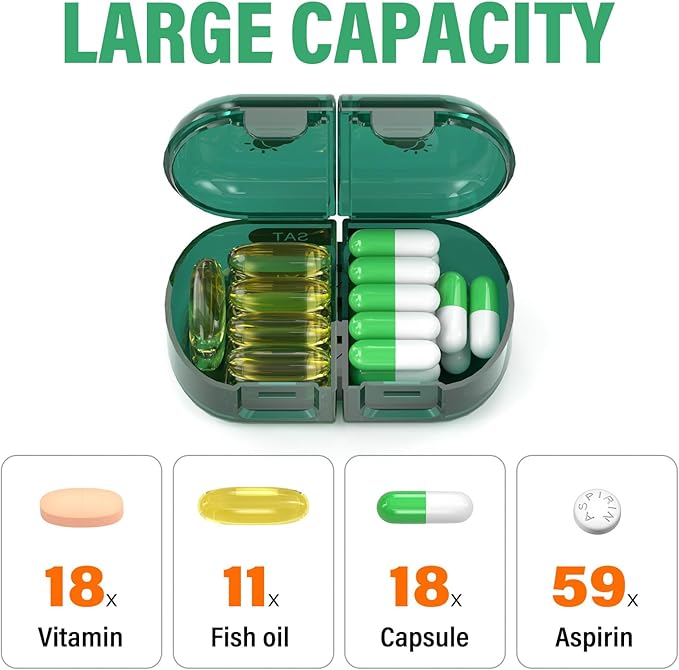 Weekly Pill Organizer 2 Times a Day, Moisture-Proof, Detachable Compartments, AM PM Pill Box 2X 7 Day, Travel Pill Organizer for Pills/Fish Oil/Medication/Vitamin/Supplements (Dark Green)