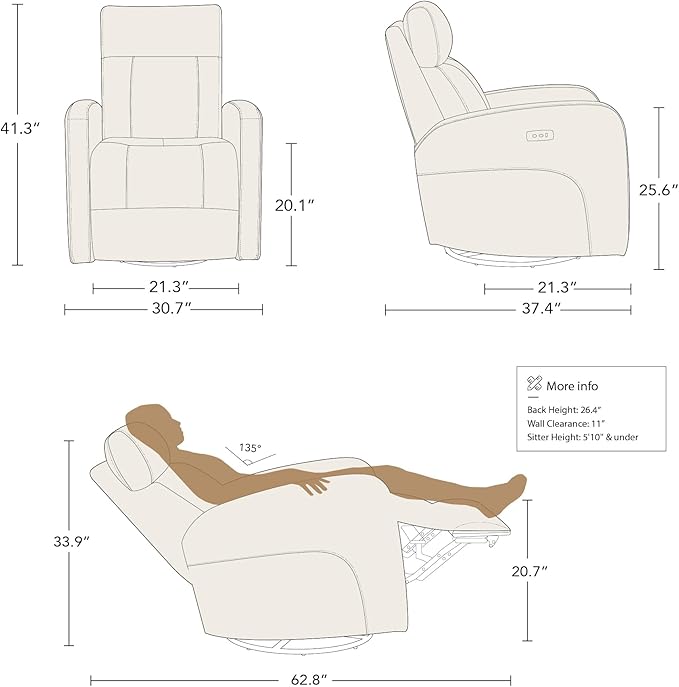 CHITA Genuine Leather Power Swivel Glider Recliner Chair for Adults, FSC Certified Electric Nursery Rocker Recliner Chair for Living Room, Light Grey