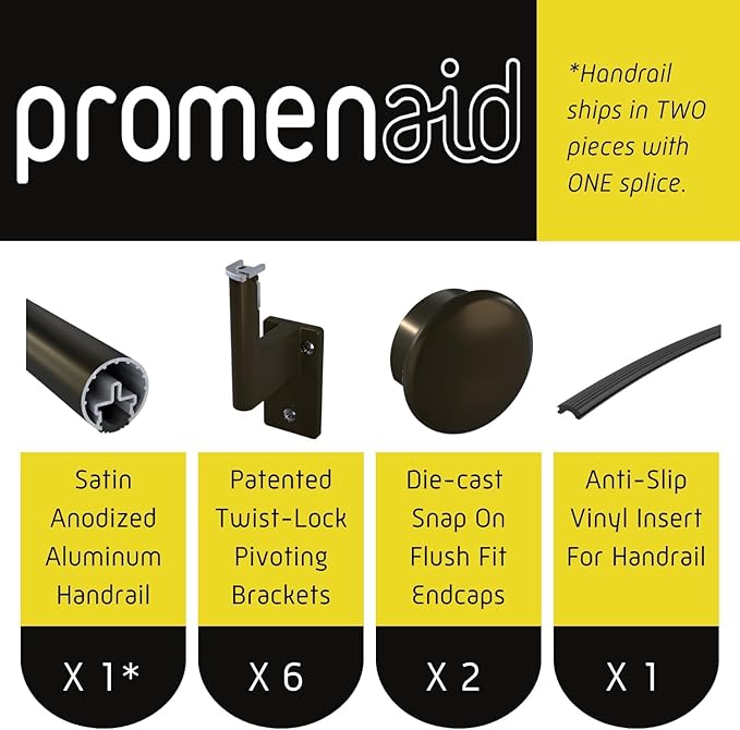 Promenaid 17ft Flush Handrail Kit - Architectural Bronze - Complete Indoor/Outdoor Handrail for Stairs - 1.6" Round Anodized Aluminum Railing - 6 Bronze Painted Wall Brackets & Flush Endcaps