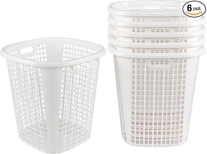 Plastic Laundry Basket Hamper Organizer with Built-In Carry Handles, Tall Hamper for Closet, Dorm, Bedroom, 6 Pack, White