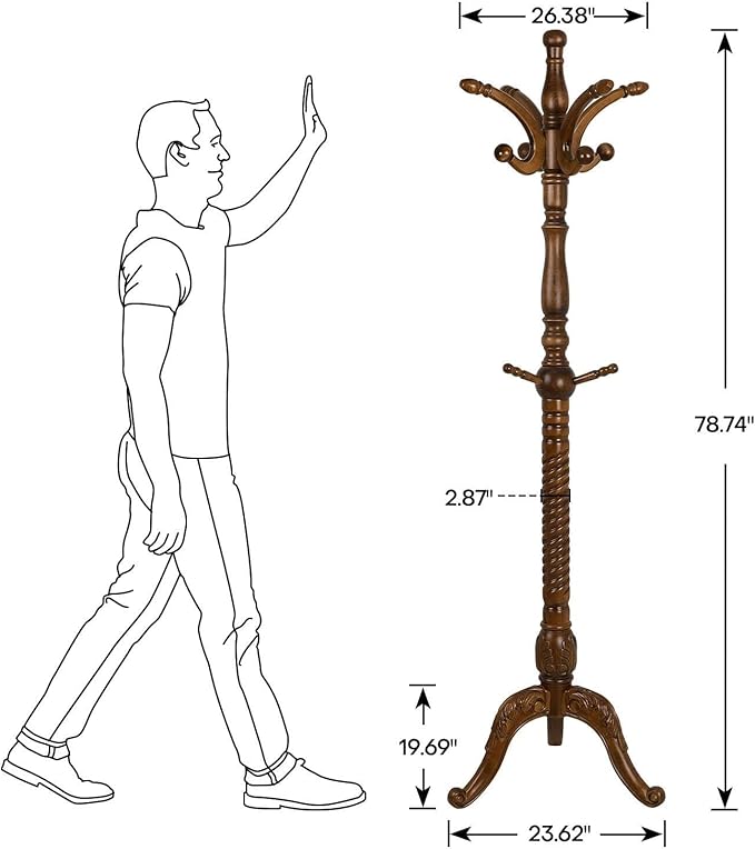 Bekrvio Coat Rack Freestanding Tree Stand with 8 Hooks, 79'' Heavy Duty Premium Ash Wood Hanger Stand, Floor Standing Clothes Hat for Entryway, Corner,Hallway,Bedroom, Office,Brown-Style 2