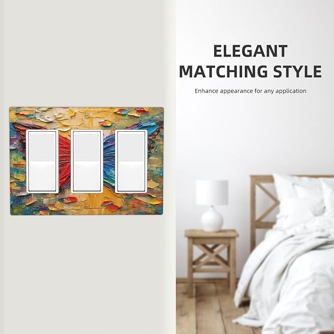 Light Switch Covers Colorful Butterfly Animal Insects Wall Art Abstract 3 Gang Rocker Electrical GFCI Decorative Triple Outlet Wall Plate Cover Switchplate for Bedroom Home Decor