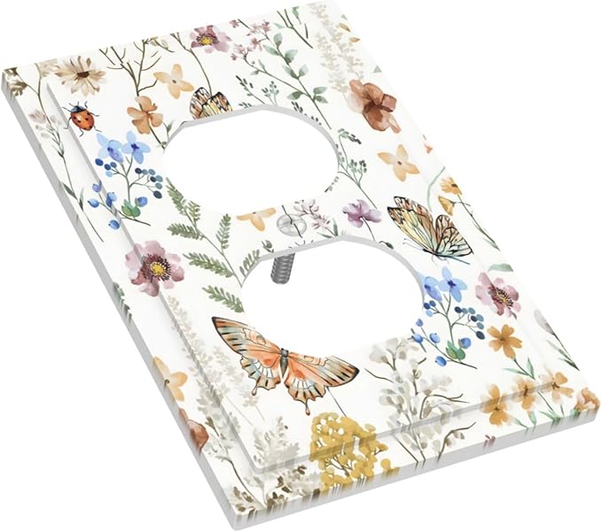 Boho Multicolor Flower Butterfly Insect Floral Outlet Covers 1 Gang Duplex Light Switch Cover Decorative Switch Plates Electrical Receptacle Faceplate Wall Plate for Bedroom Living Room Decor