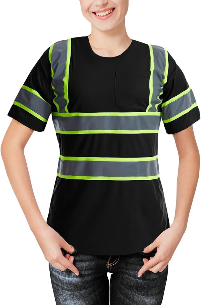 High Visibility Shirts Quick Dry Safety T Shirts with Reflective Strips and Pocket Short Sleeve Mesh Hi Vis Construction Work Class 2 Shirt for Men/Women Black,Small