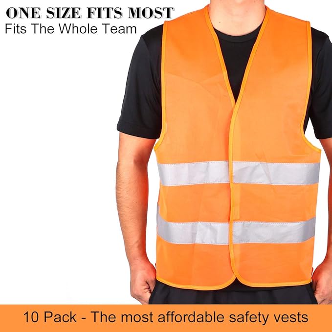 DUSKCOVE 10 Pack High Visibility Safety Vests with 2 Hi Vis Reflective Strips for Men and Women - Neon Orange Construction Vests for Traffic Work, Running, Surveyor and Security Guard