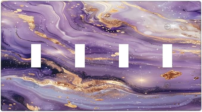 Luxury Marble Texture Purple And Gold Abstract Print Light Switch Covers Quad Toggle Electrical Faceplate 4 Gang Wall Plate Decorative Switch Plates Cover for Bathroom Home Decor