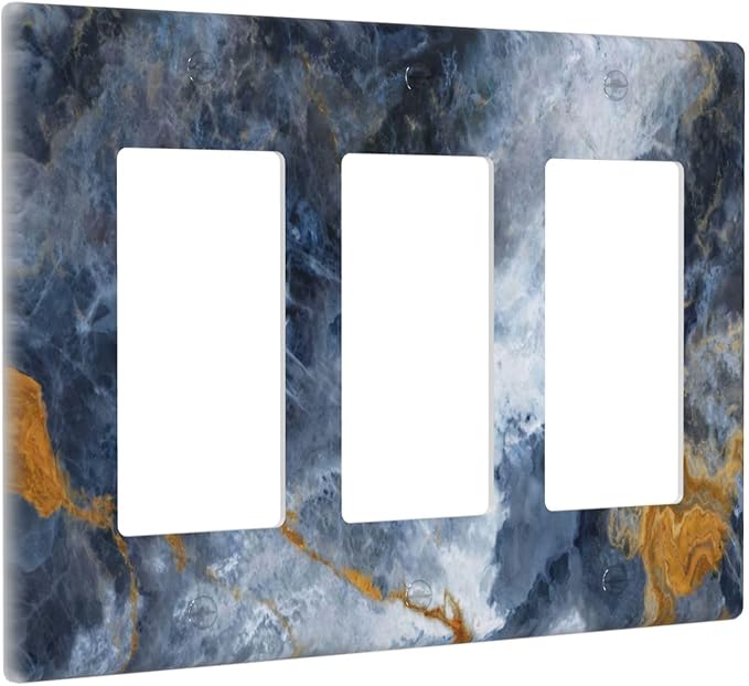 Decorative Outlet Covers Gold Dark Blue Gilt Haze Marble 3 Gang Gfci Wall Plate Triple Rocker Light Switch Cover Plate Switch Plate Covers for Bathroom Decor