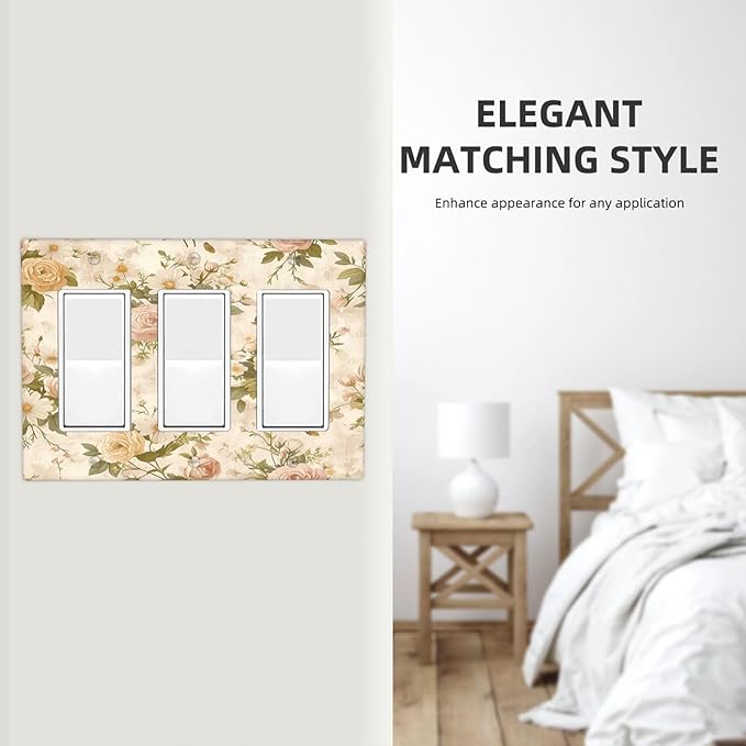 Light Switch Covers Boho Vintage Roses Pink Red Yellow Bouquet Floral 3 Gang Rocker Electrical GFCI Decorative Triple Outlet Wall Plate Cover Switchplate for Bedroom living Room Decor