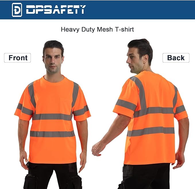 High Visibility Class 3 T Shirts，Hi Vis Safety Shirts with Reflective Strips and Pocket, Short Sleeve Quick Dry Mesh Construction Work Shirt for Men/Women Orange,Medium