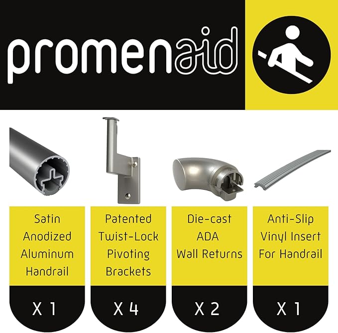 Promenaid 8ft ADA Handrail Kit - Champagne - Complete Indoor/Outdoor Handrail for Stairs - 1.6" Round Anodized Aluminum Railing with 4 Nickel Plated Pivoting Brackets & ADA Wall Returns
