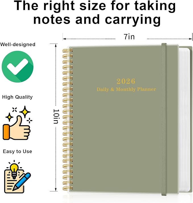 Daily Planner 2026 - Full Page Per Day, Jan 2026 to Dec 2026, 2026 Daily Planner with Spiral Bound, Inner Pocket, Perfect for School Office Supplies, 7'' x 10'', Green
