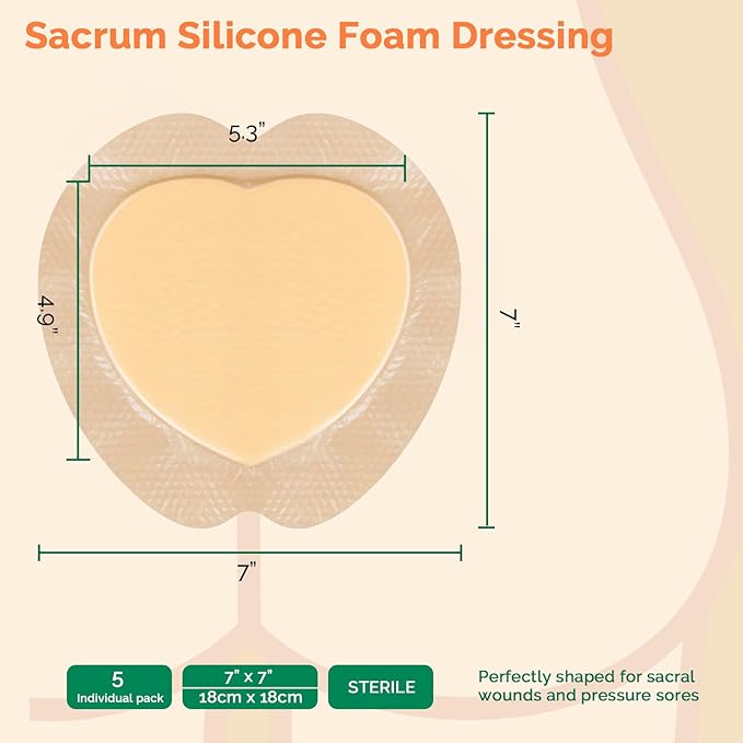 Sacrum Foam Dressing with Border - Silicone Adhesive 7"x7" Waterproof Sacral Wound Dressing - High Absorbent Pads Breathable Bed Sore Pressure Wound Care Bandages 5 Packs