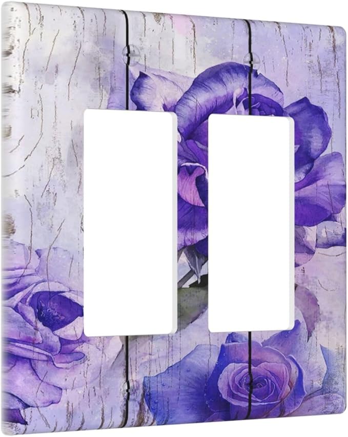Outlet Covers Purple Rose Flower Rustic Wood Plank 2 Gang Wall Plate Double Rocker Light Switch Cover Decorative GFCI Receptacle Cover Electrical Switchplate for Farmhouse Bathroom Decor