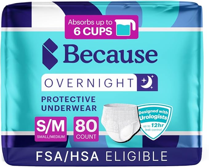 Because Overnight Absorbency Pull Ups - Adult Disposable Incontinence Underwear, Extra Absorbent Nighttime Briefs for Men and Women, White, Small/Medium, 80 Count (4 Packs of 20)