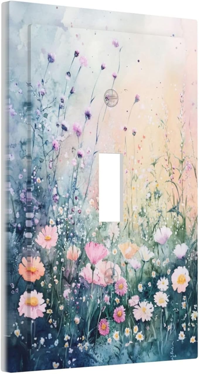 Decorative Light Switch Covers Pink Floral Wildflower Green Plants 1 Gang Light Switch Cover Plate Single Toggle Wall Plate Outlet Covers Wall Plate Dimmer Faceplate for Bathroom Decor