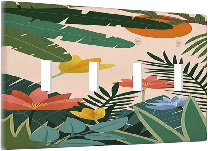 Light Switch Covers Boho Tropical Plant Floral Pattern Quad Toggle Electrical Faceplate 4 Gang Wall Plate Decorative Switch Plates for Bedroom Cabin Decor