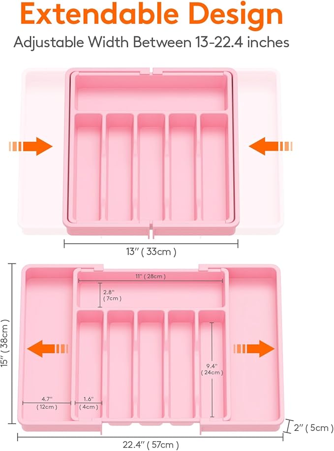 Lifewit Silverware Drawer Organizer, Expandable Utensil Tray for Kitchen, BPA Free Flatware and Cutlery Holder, Adjustable Plastic Storage for Spoons Forks Knives, Large, Pink