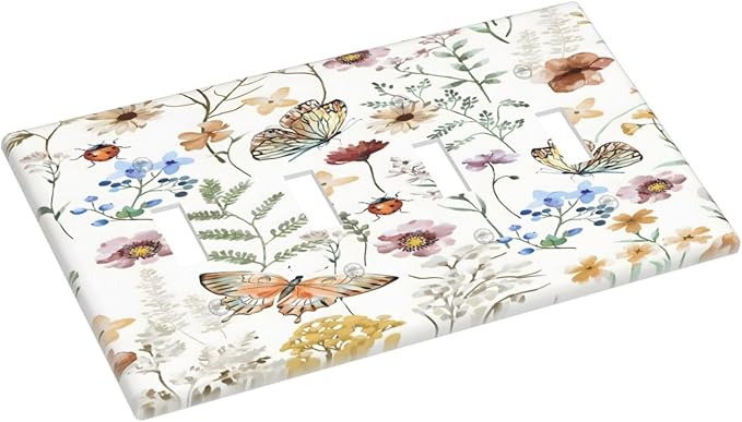 Boho Multicolor Flower Butterfly Insect Floral Light Switch Covers Quad Toggle Electrical Faceplate 4 Gang Wall Plate Decorative Switch Plates Cover for Bedroom Living Room Decor
