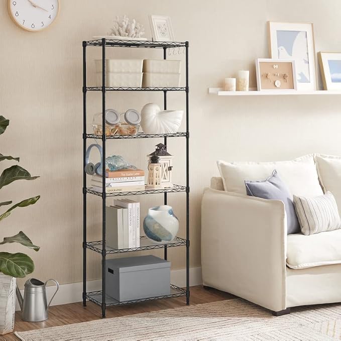 SONGMICS 6-Tier Storage Shelves, Wire Shelving Unit, Kitchen Metal Shelves, Storage Rack with Adjustable Shelves, Shelf Liners, 8 Hooks, for Garage, 11.4 x 23.2 x 63 Inches, Black ULGR066B01