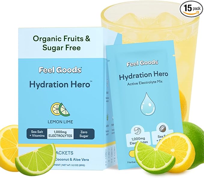 Feel Goods Hydration Hero, 1,000mg Electrolytes Powder, Sugar Free, Magnesium, Organic Aloe Vera, L Theanine, Vitamin C & B12, Non GMO, Keto, Vegan, Electrolyte Packets | Lemon Lime, 15 Count
