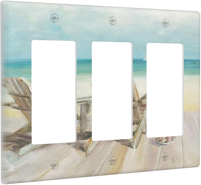 Light Switch Cover Beach Chair Seascape Blue Ocean 3 Gang Wall Plate Triple Light Switch Plate Modern Coastal Rocker GFCI Outlet Covers Decorative Receptacle Cover for Bathroom Bedroom Decor
