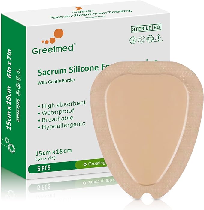 Sacral Foam Dressing 6"X7" Sacrum Silicone Foam Dressing with Border, High Absorbent Pads Breathable Adhesive Sacrum Bandage for Bed Sores Wound Care Bandages 5 Packs