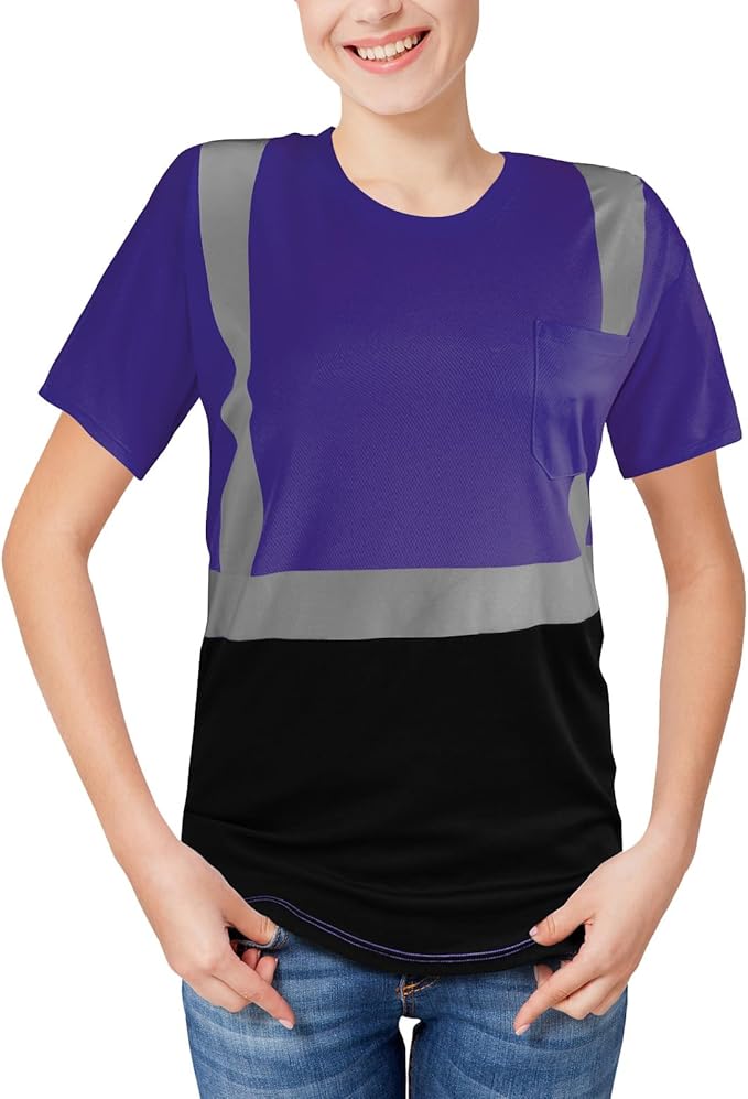 High Visibility Shirts Quick Dry Safety T Shirts with Reflective Strips and Pocket Short Sleeve Mesh Hi Vis Construction Work Class 2 Shirt for Men/Women Black Bottom Purple,Medium