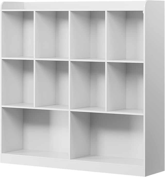 Cozy Castle Bookshelf, 3-Tier Open Bookshelf, 10 Cube Horizontal Bookcase, Storage Organizer with Anti-Tilt Device, Wood Bookcase for Home Office, Bedroom, Living Room, White
