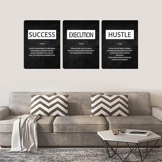 Unbruvo Motivational Canvas Wall Art - 3 Panel Inspirational Wall Decor, Hustle Success Office Decor, Hustle Success Poster for Living Room, Bedroom, Classroom(60" Wx28 H)