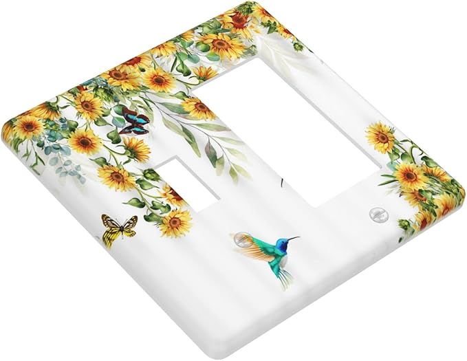 Yellow Sunflower Blue Hummingbird Butterfly 2 Gang Light Switch Cover Decorative Rustic Farmhouse Floral Plant Combination Toggle Rocker/Decora Wall Plate Electrical Switchplate for Bathroom