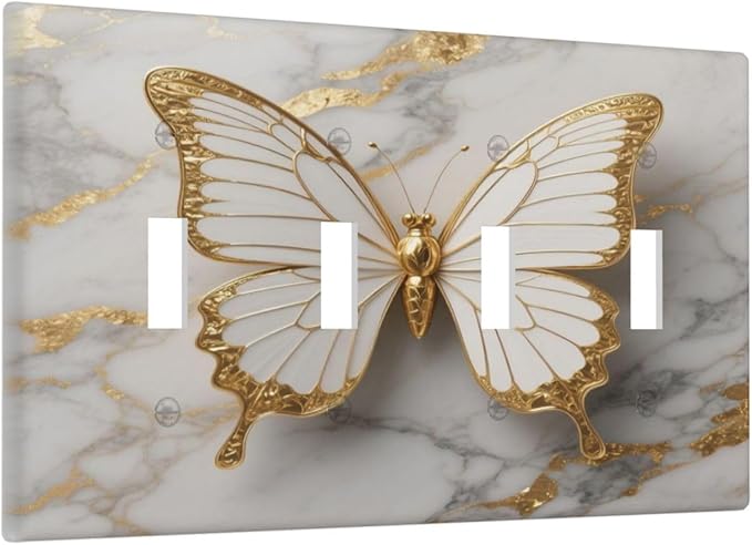 Gold Marble Shine Butterfly Abstract Modern Print Light Switch Covers Quad Toggle Electrical Faceplate 4 Gang Wall Plate Decorative Switch Plates for Bed Room Bathroom Decor