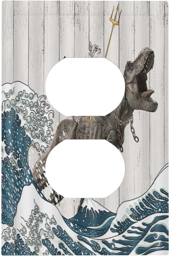 Outlet Covers Funny Cat Cool Cat Dinosaur Japanese Sea Waves Wood 1 Gang Duplex Light Switch Cover Plate Decorative Wall Plate Covers Electrical Receptacle Switchplate for Farm Bathroom Decor
