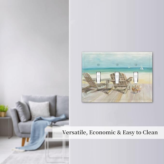 Light Switch Cove Beach Chair Seascape Blue Ocean 3 Gang Wall Plate Triple Light Switch Plate Modern Coastal Toggle Decorative Outlet Covers Electrical Switchplate for Bathroom Decor