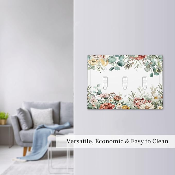 Decorative Switch Plates Vintage Boho Floral Leaves Rustic Sage Botanical 3 Gang Wall Plate Triple Toggle Light Switch Cover Faceplate Electrical Wall Panels for Bedroom Home Decor