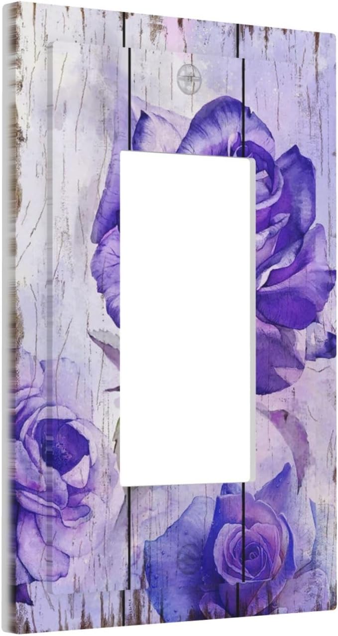 Outlet Covers Purple Rose Flower Rustic Wood Plank 1 Gang Wall Plate Single Rocker Light Switch Cover Decorative GFCI Receptacle Cover Electrical Switchplate for Farmhouse Bathroom Decor