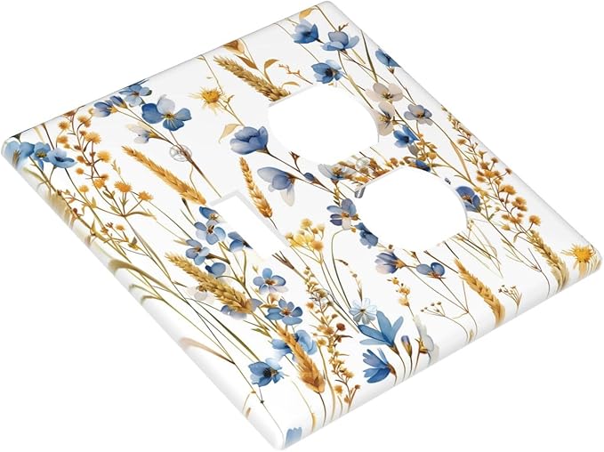 Vintage Wildflower Blue Gold Country Fall Wheat Floral Wallplates 1 Toggle 1 Duplex Switch Plate Electrical GFCI Faceplate Decorative Light Switch Covers for Bedroom Living Room Decor