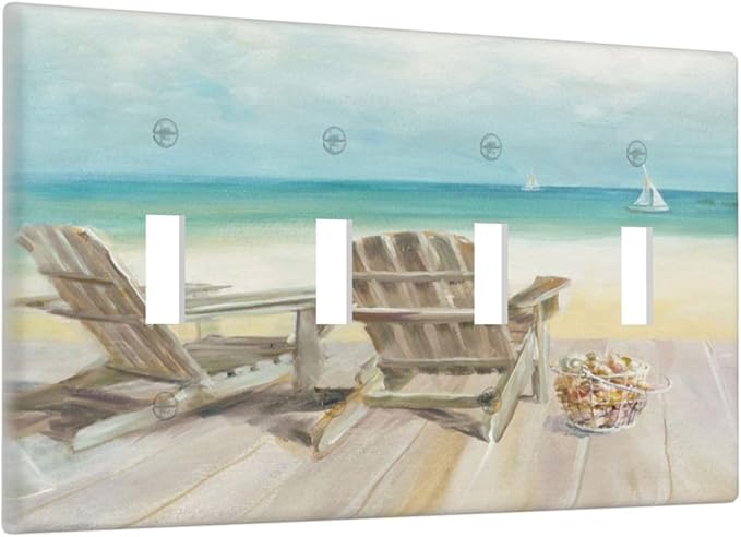 Light Switch Cover Beach Chair Seascape Blue Ocean 4 Gang Switch Plate Quad Toggle Wall Plates Modern Coastal Decorative Switchplate Electrical Outlet Cover Plates for Bathroom Bedroom Decor