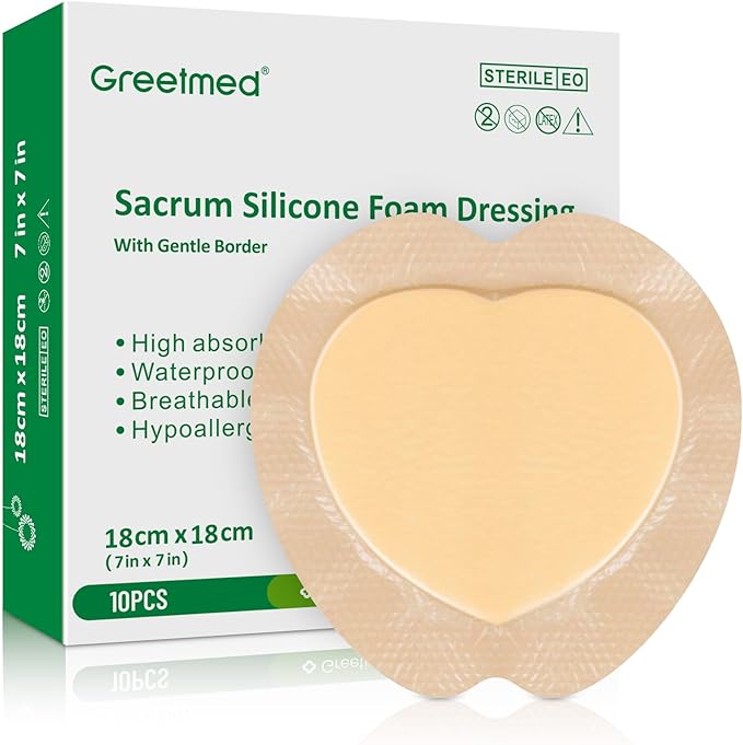 Sacrum Foam Dressing with Border - 10 Packs Silicone Adhesive 7"x7" Waterproof Sacral Wound Dressing - High Absorbent Pads Breathable Bed Sore Pressure Wound Care Bandages