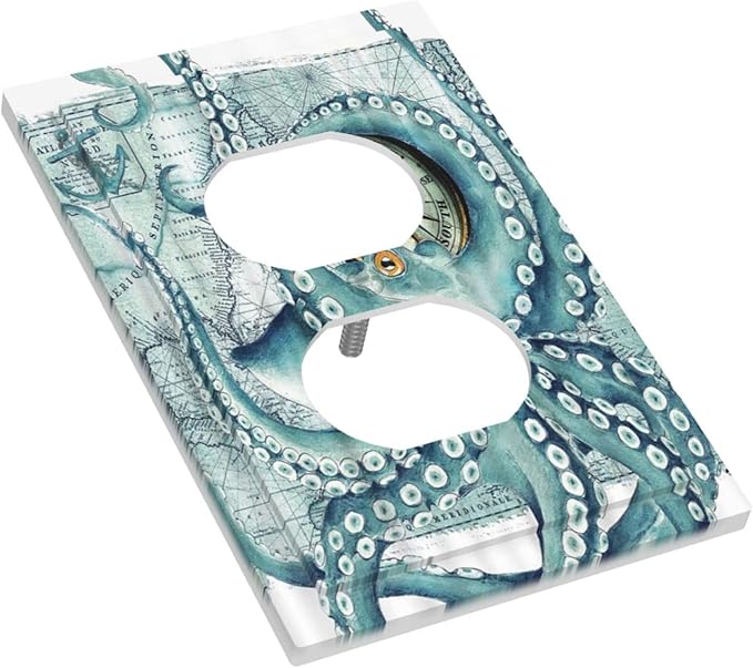 Outlet Covers Vintage Nautical Octopus Eyes Funny Ocean Kraken 1 Gang Duplex Light Switch Cover Decorative Single Receptacle Wall Plate Compass Pirate Map Electrical Switchplate for Farm Home