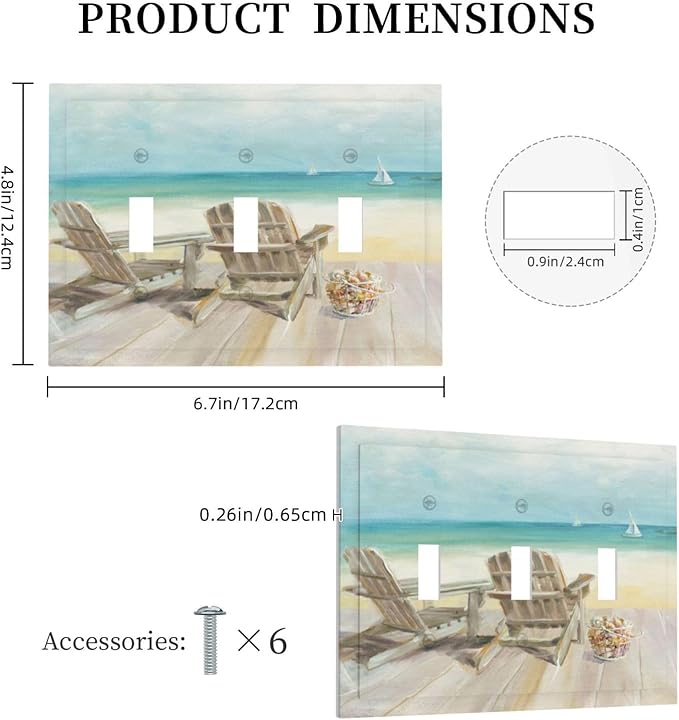 Light Switch Cove Beach Chair Seascape Blue Ocean 3 Gang Wall Plate Triple Light Switch Plate Modern Coastal Toggle Decorative Outlet Covers Electrical Switchplate for Bathroom Decor