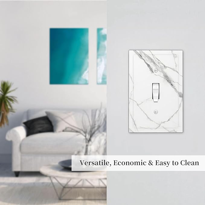 White Marble Abstract Luxurious Print Decorative Light Switch Cover 1 Gang Single Toggle Device Electrical Faceplate Switchplates Decorator Outlet Wall Plate for Bathroom Kitchen Home Decor