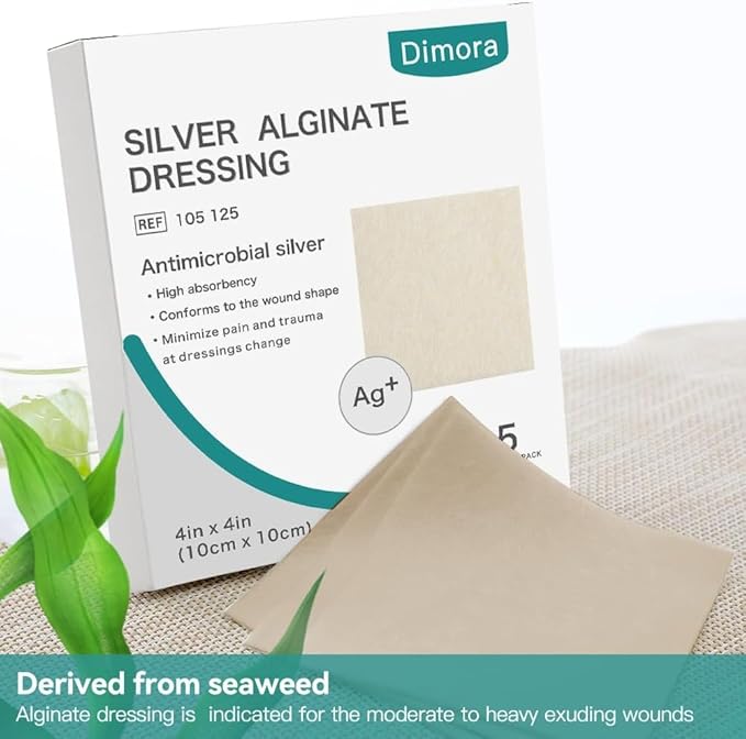 Dimora Upgrade Silver Calcium Alginate Wound Dressing -Antibacterial Non Stick Gauze, Highly Absorbent Sterile Bandage Pads,4'' x 4'' Patches 5 Packs