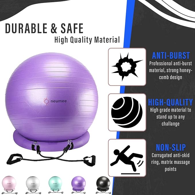 Yoga Ball Chair with 65cm Exercise Ball & 2 Resistance Bands, Stability Base for Home Office, Yoga, Pilates & Fitness, Balance Ball for Posture, Core Strength & Low Impact Workouts