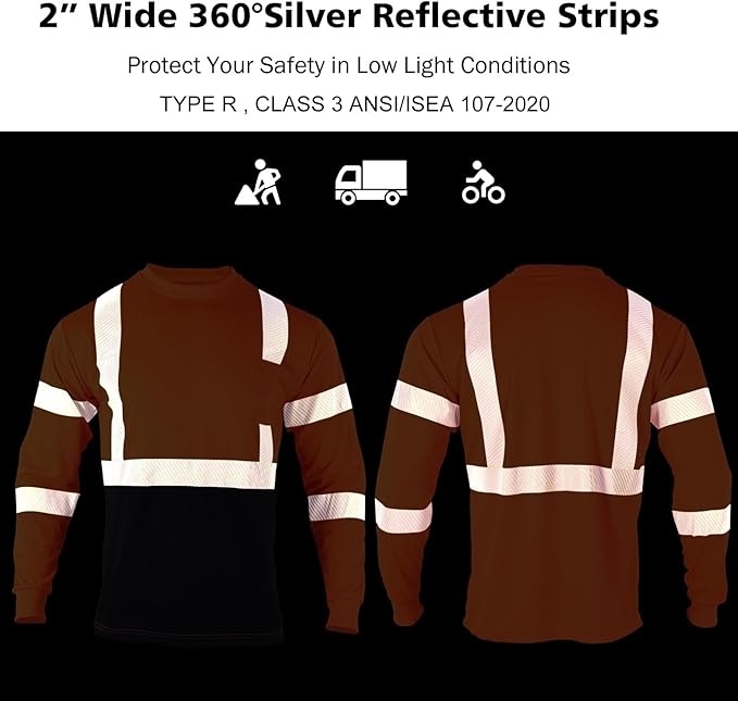 VENDACE Safety Reflective High Visibility Long Sleeve Shirts ANSI Class 3 Hi Vis Construction Work T Shirts for Men