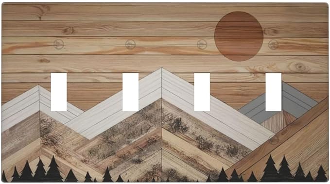 Wooden Planks Mosaic Snow Mountain Sun Light Switch Covers Quad Toggle Electrical Faceplate 4 Gang Wall Plate Decorative Switch Plates for Farmhouse Home Decor