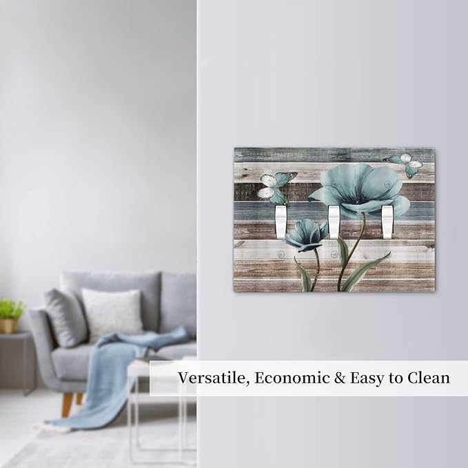 Rustic Vintage Teal Floral Barn Wood 3 Gang Light Switch Covers Decorative Triple Toggle Wall Plate Cover Turquoise Flower Butterfly 3 Hole Electrical Device Switchplate for Farmhouse Bathroom