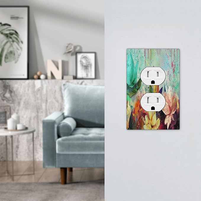 Outlet Covers Watercolor Flower Colorful Floral 1 Gang Duplex Light Switch Cover Plate Decorative Wall Plates Electrical Switchplate Receptacle Cover for Bathroom Bedroom Decor