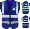 YOWESHOP High Visibility Safety Vest Custom Your Logo Protective Workwear 5 Pockets With Reflective Strips Outdoor Work Vest (S, Navy Blue Luminous)