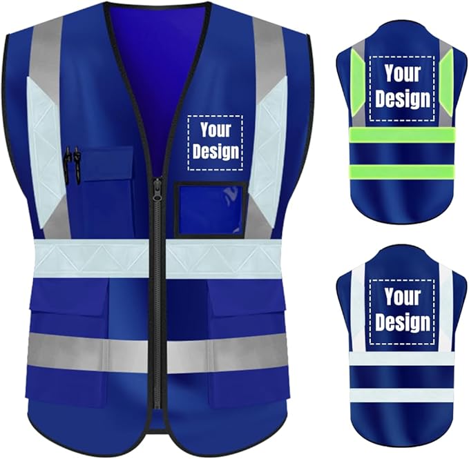 YOWESHOP High Visibility Safety Vest Custom Your Logo Protective Workwear 5 Pockets With Reflective Strips Outdoor Work Vest (4XL, Navy Blue Luminous)