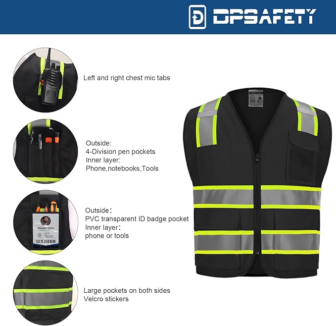 High visibility Class 2 Safety Vest，Hi Vis Vest with 2 inch wide Reflective Strips，Construction vest for men